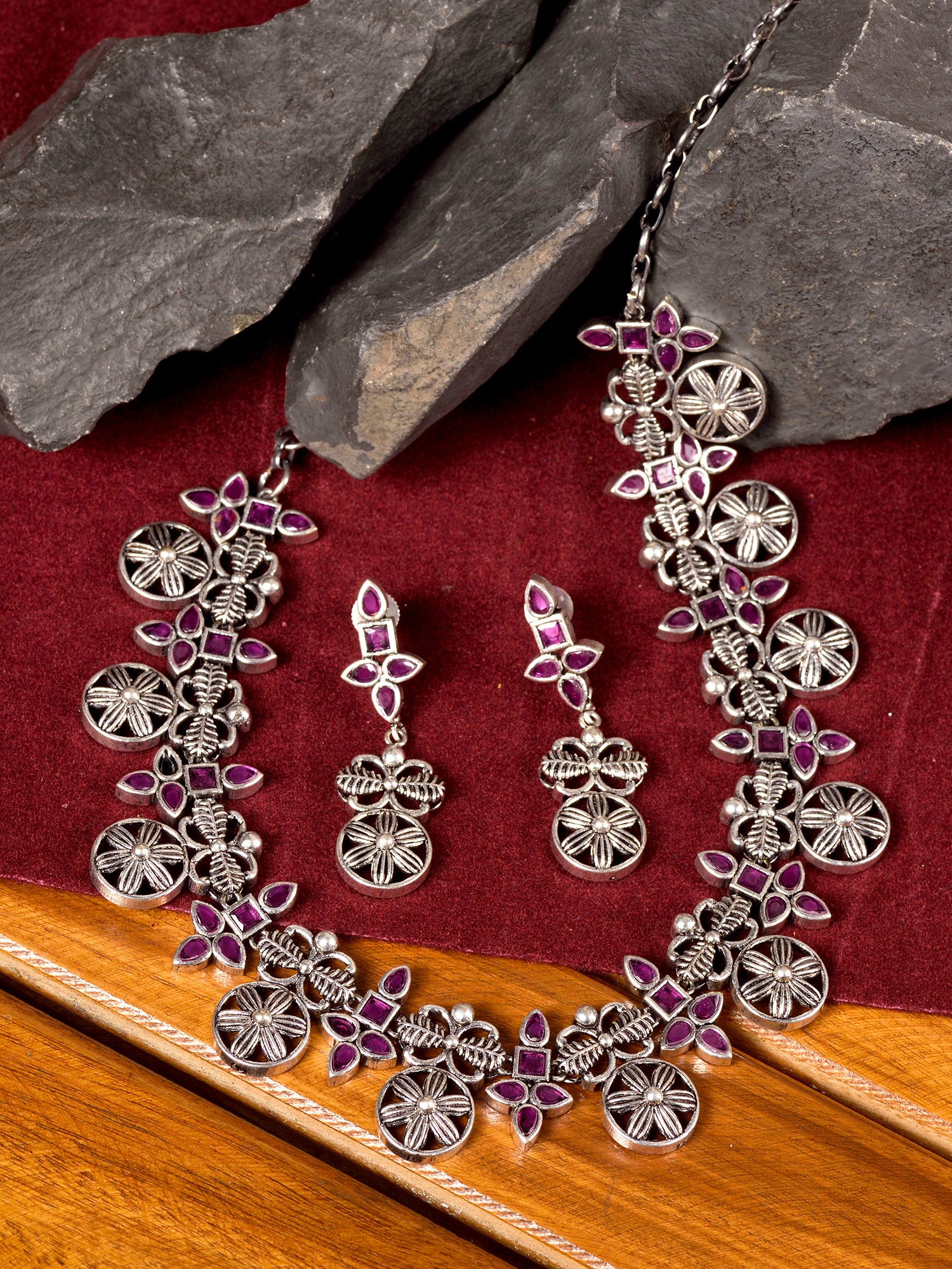 Silver Oxidised Maroon Stone Studded Tribal Necklace Jewellery Set