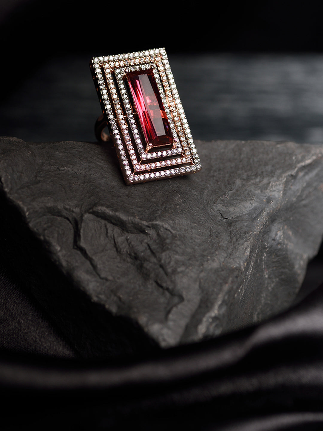 Rose Gold Plated Pink Ruby Studded Solitaire Adjustable Cocktail Finger Ring