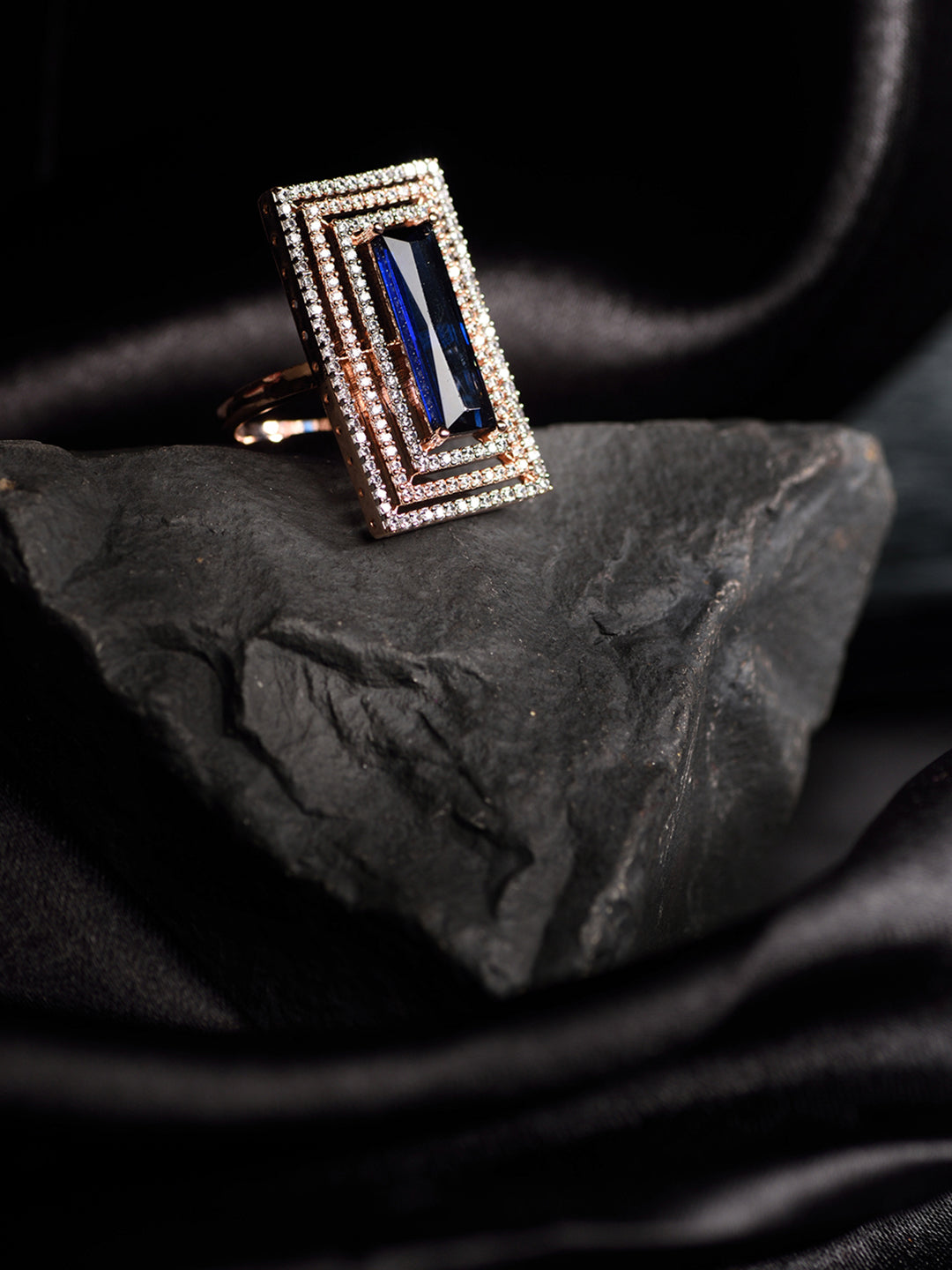 Rose Gold Plated Blue Studded Solitaire Adjustable Cocktail Finger Ring