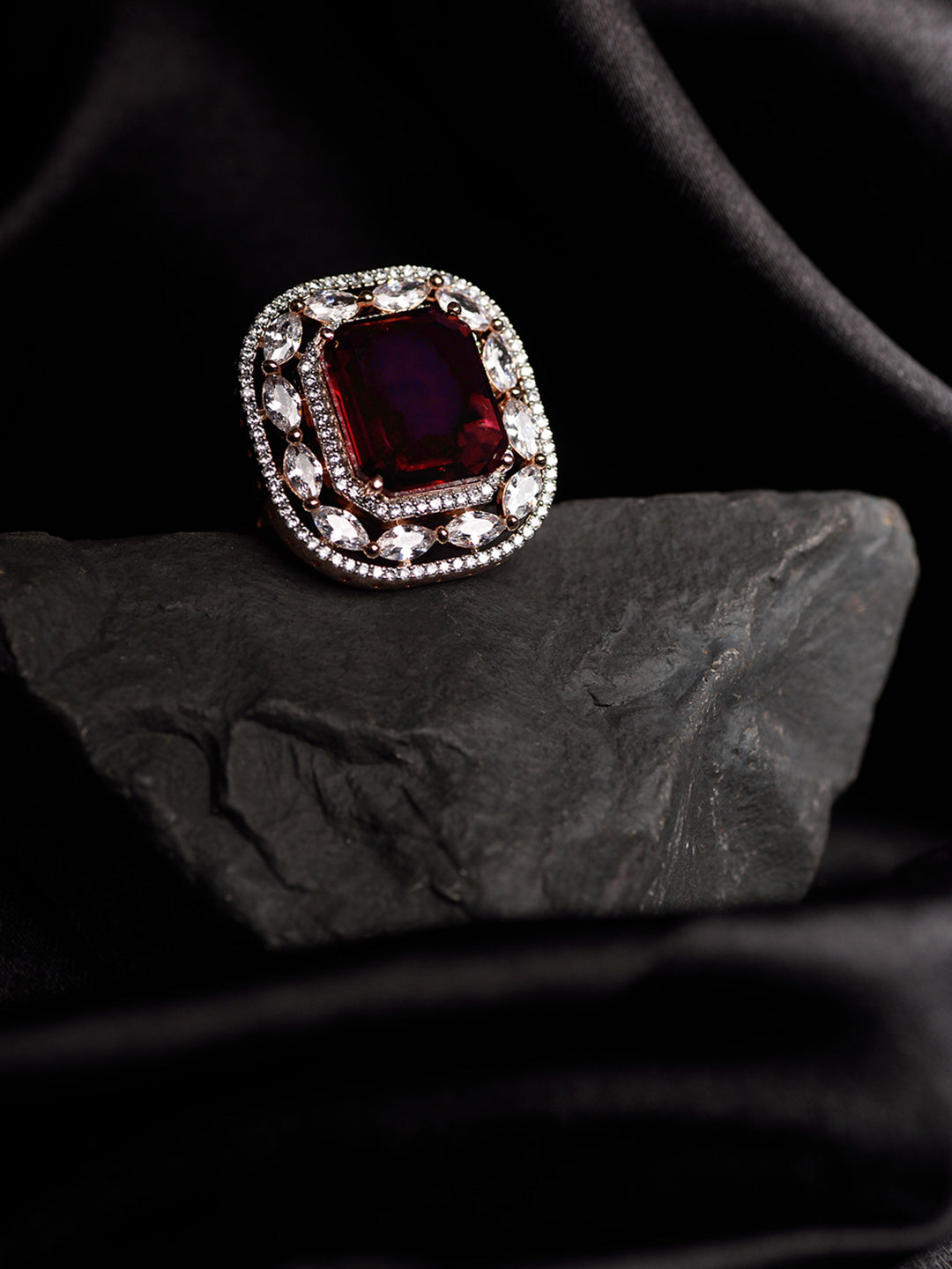 Rose Gold Plated Pink Ruby Studded Adjustable Cocktail Finger Ring