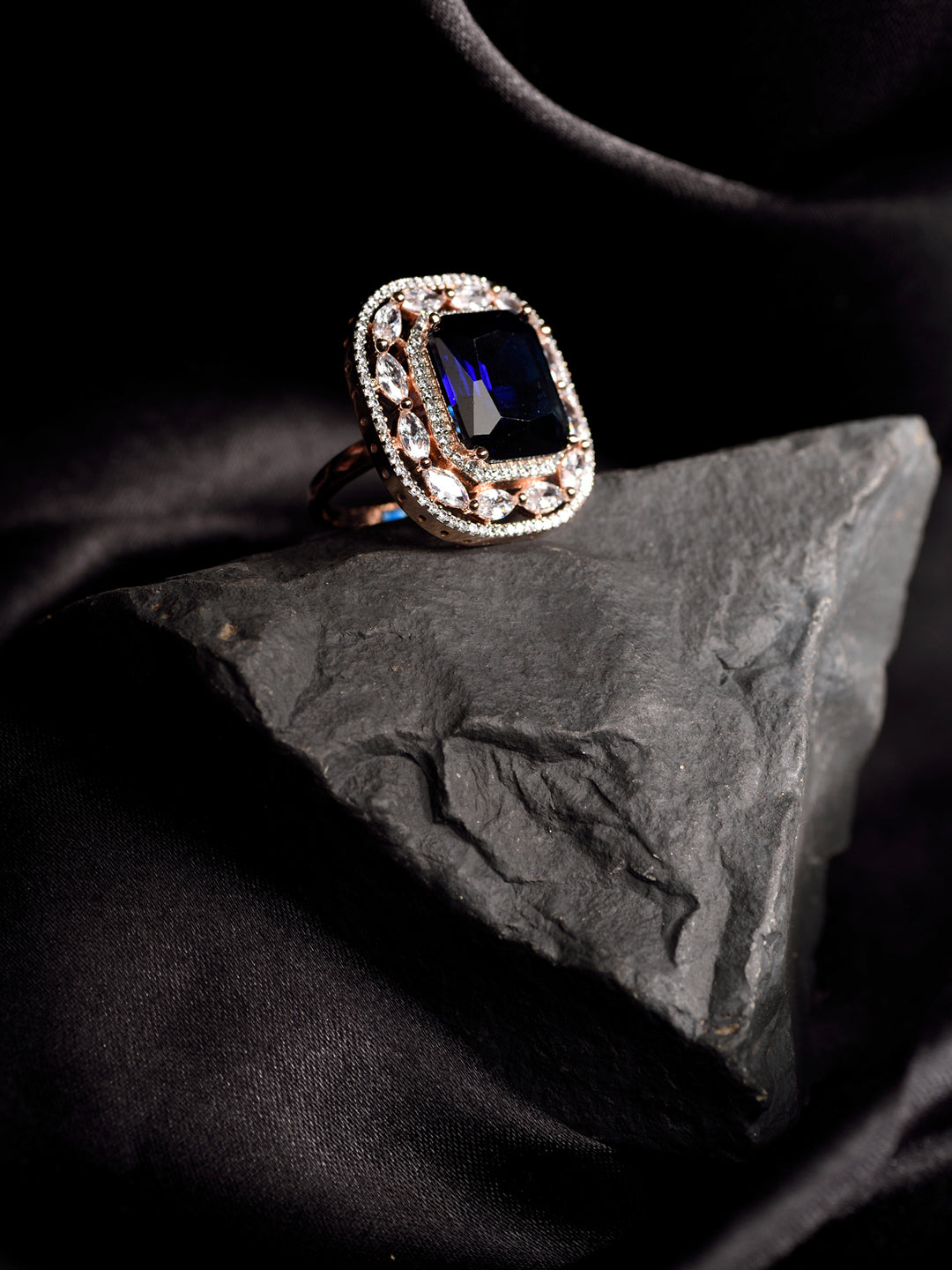 Rose Gold Plated Blue Studded Adjustable Cocktail Finger Ring