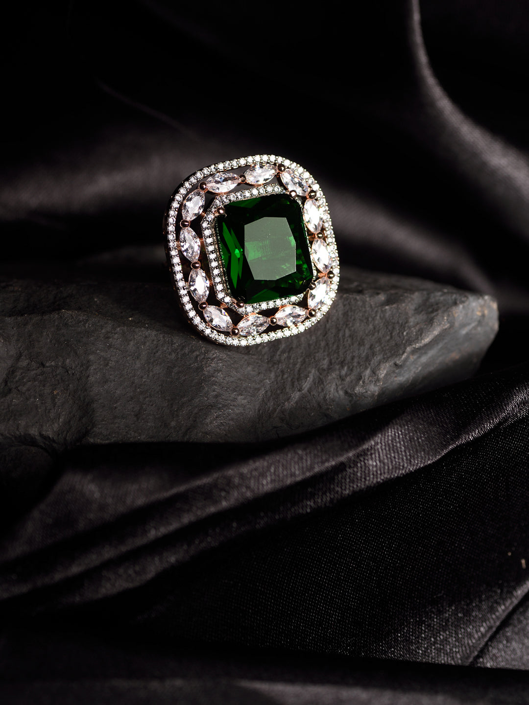 Rose Gold Plated Emerald Green Studded Adjustable Statement Cocktail Finger Ring