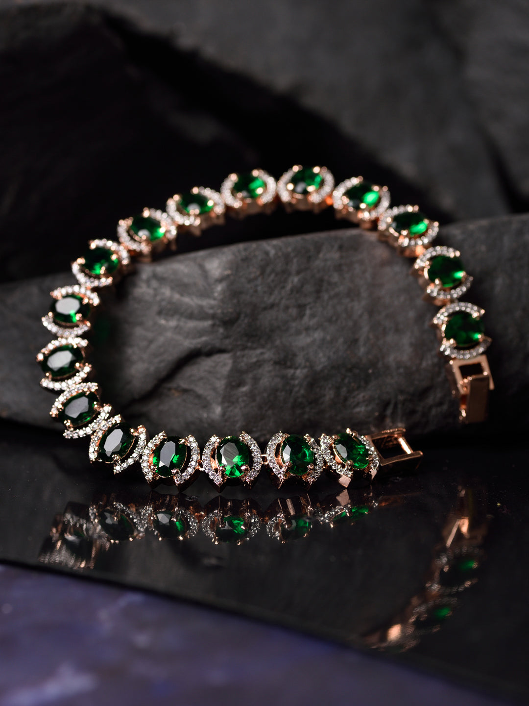 Rose Gold Plated Oval Green Ad Studded Designer Tennis Bracelet For Her