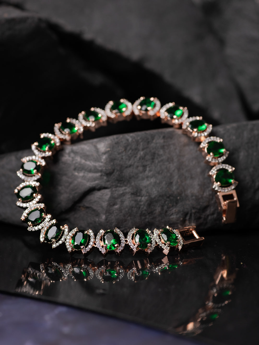 Rose Gold Plated Oval Green Ad Studded Designer Tennis Bracelet For Her