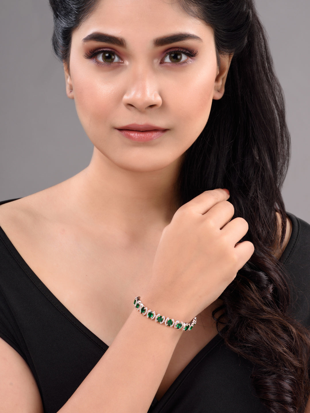 Rose Gold Plated Oval Green Ad Studded Designer Tennis Bracelet For Her