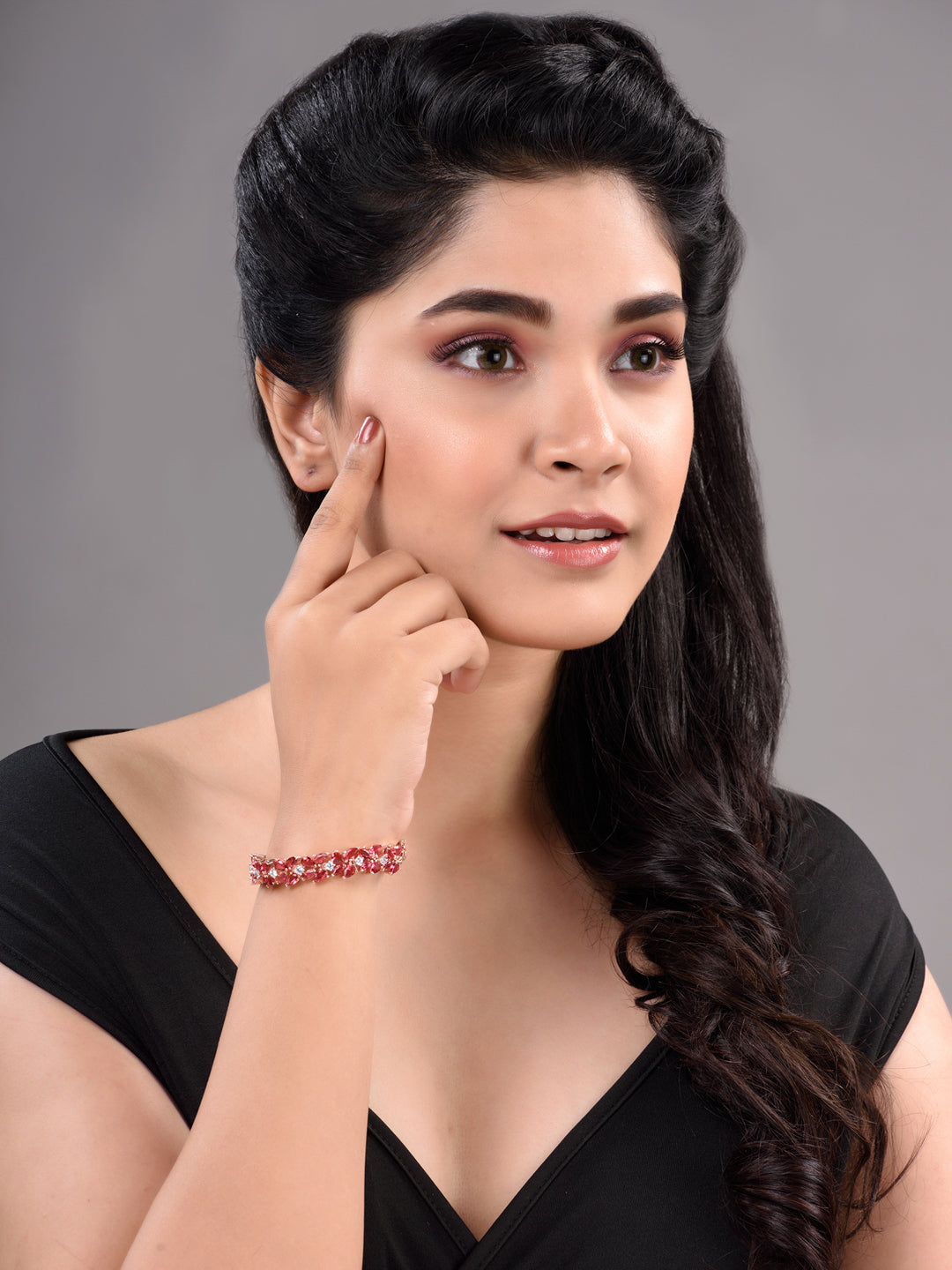 Rose Gold Plated Leaf Design Pink Ruby studded Designer Tennis Bracelet For Her