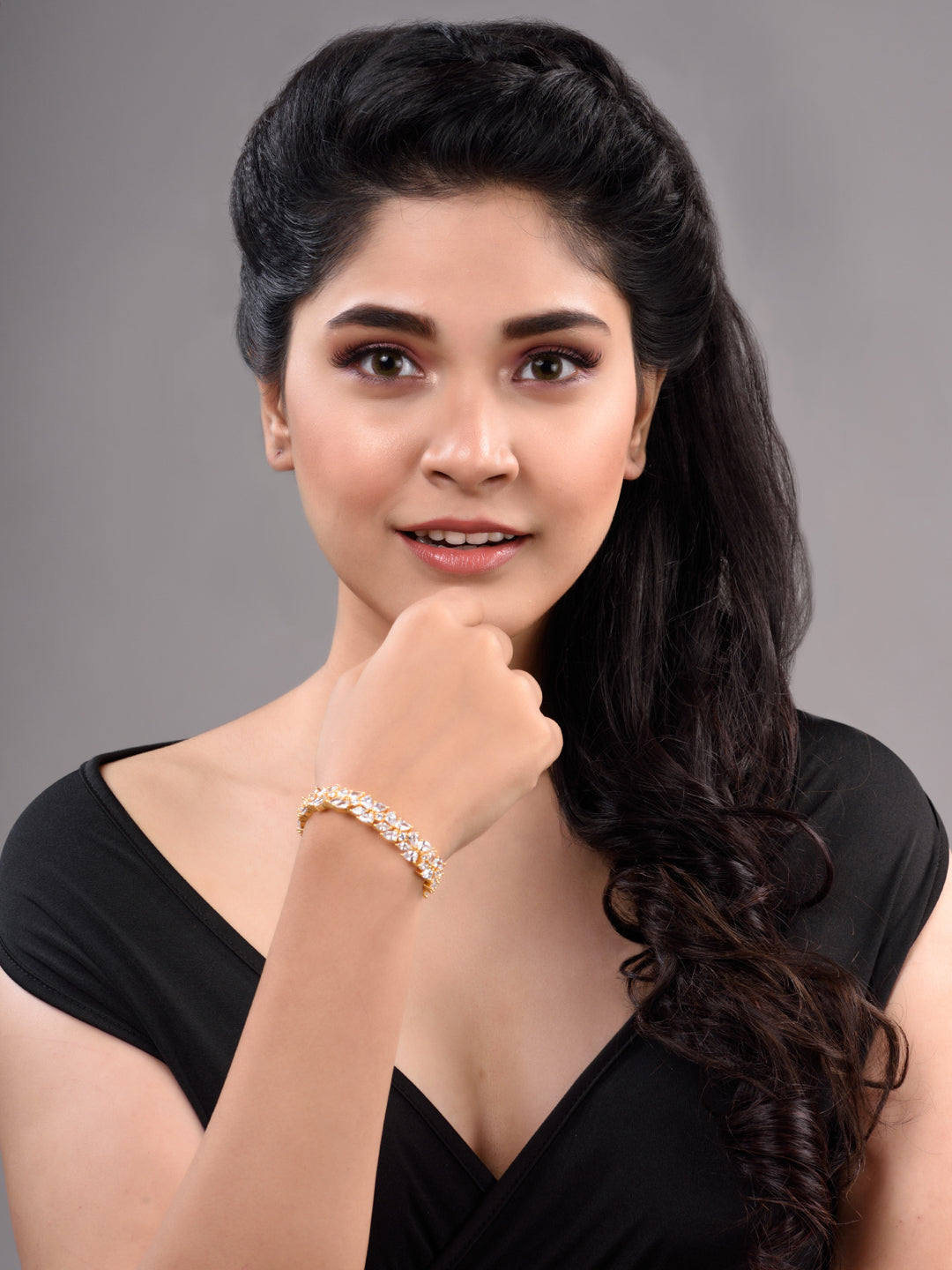 Rose Gold Plated Leaf Design White AD studded Designer Tennis Bracelet For Her