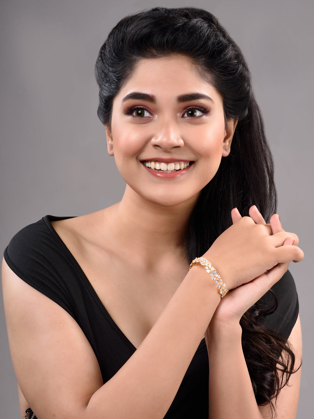 Rose Gold Plated Leaf Design White AD studded Designer Tennis Bracelet For Her