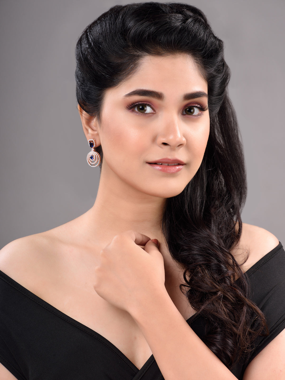 Rose Gold Plated blue & White AD Studded Concentric Dropdown Earrings