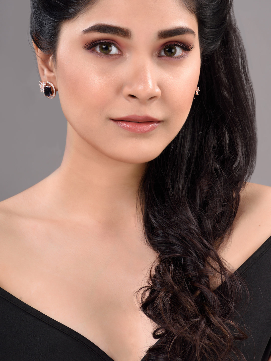 Rose Gold Plated Blue Sapphire AD Floral Studs Earrings