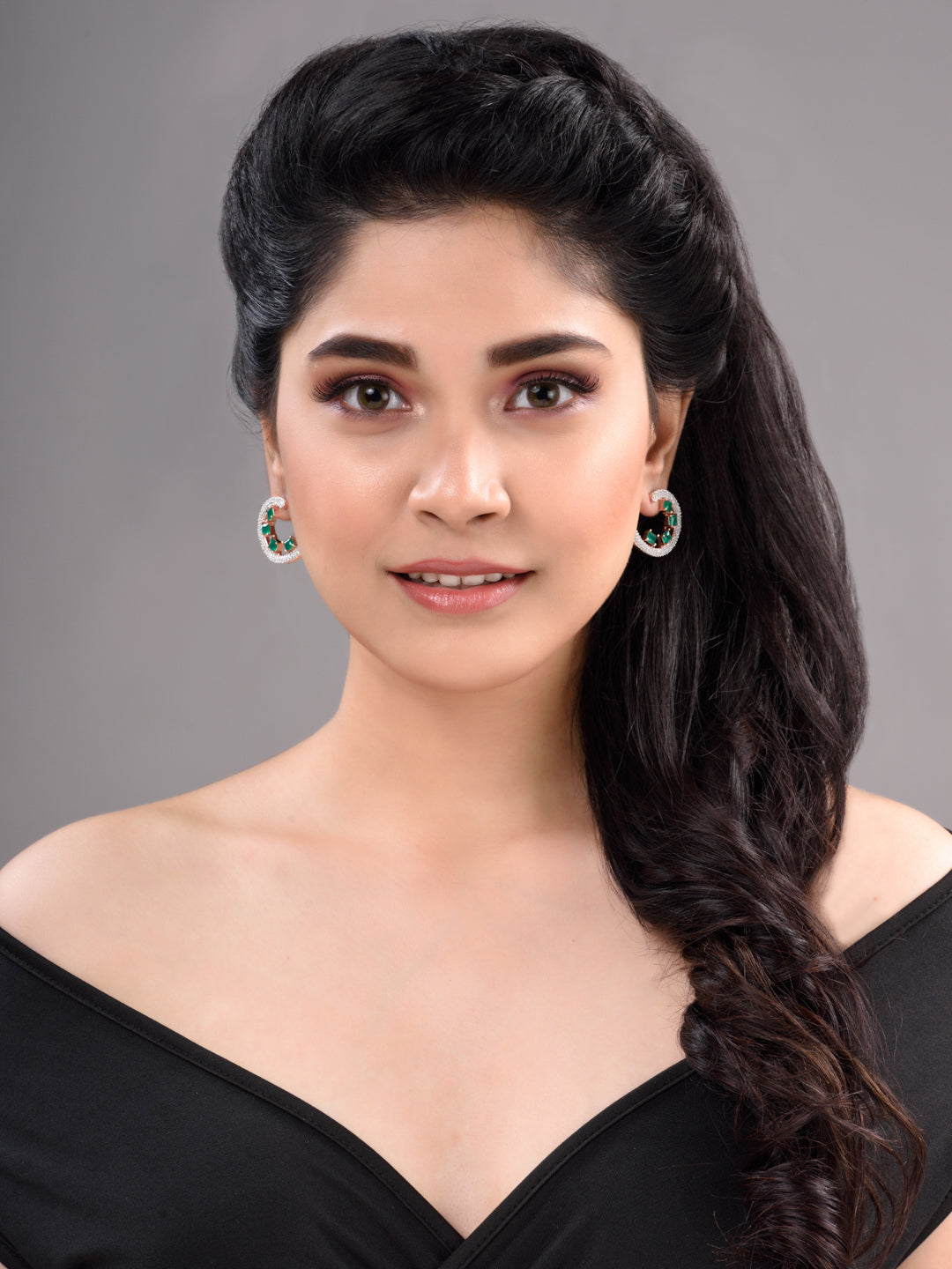 Rose Gold Plated Green AD Studded Half Hoop Stud Earrings