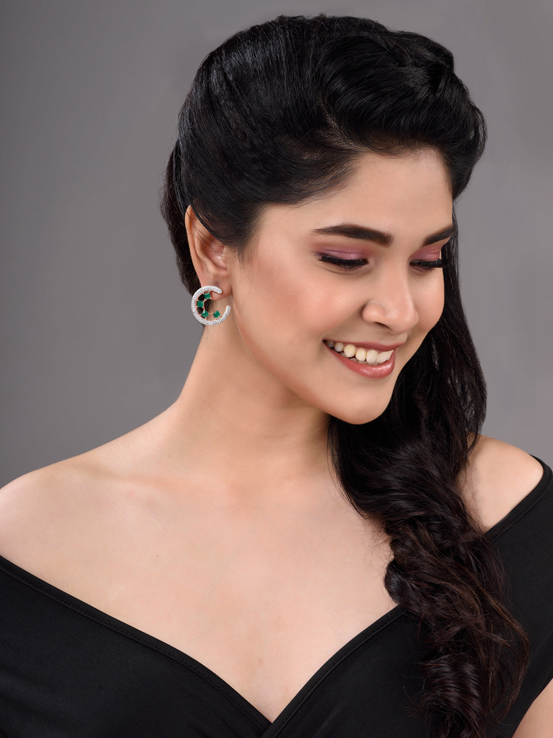 Rose Gold Plated Green AD Studded Half Hoop Stud Earrings