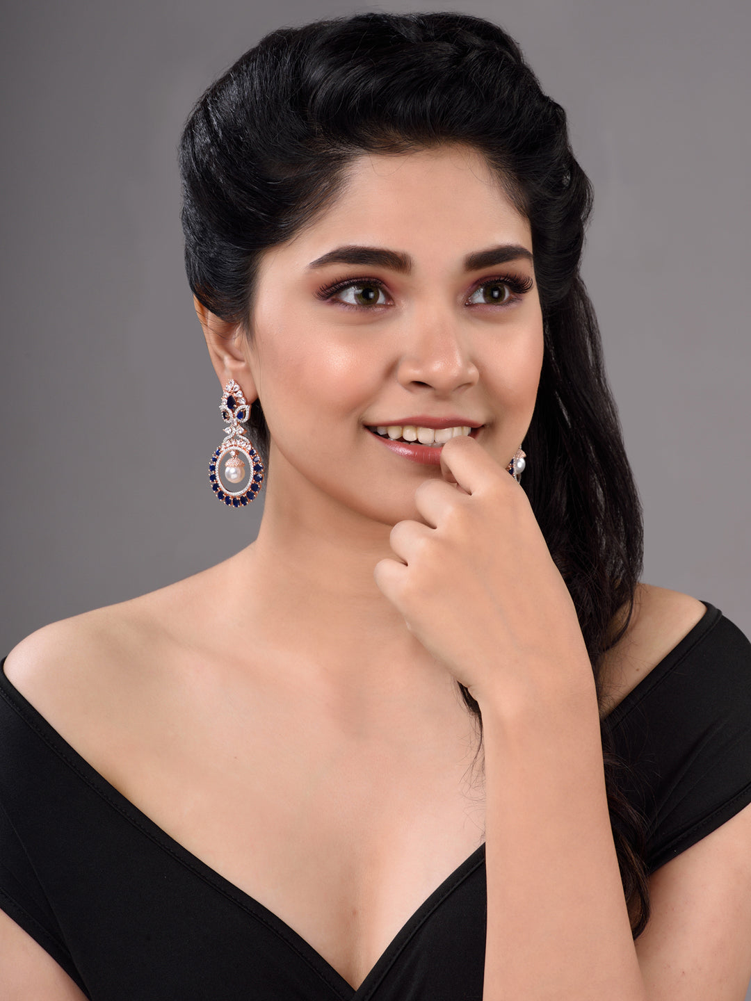 Rose Gold Plated Pearl Blue AD Studded Chandbali Drop Earrings