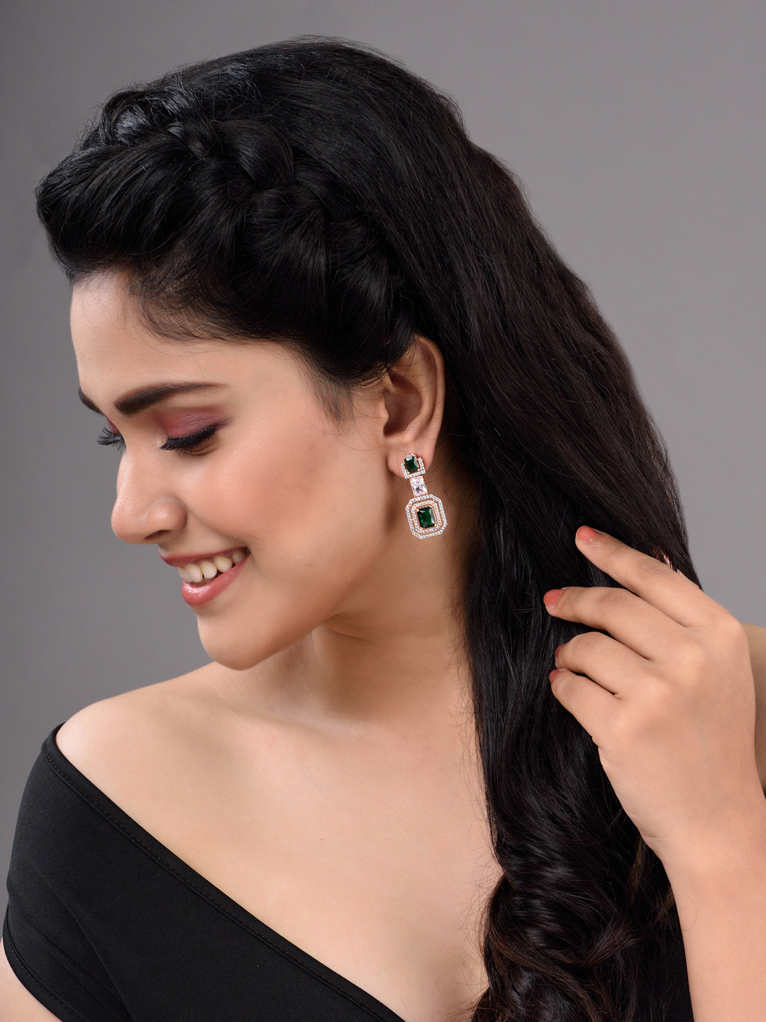 Rose Gold Plated Green & White AD Studded Dropdown Statement Earrings