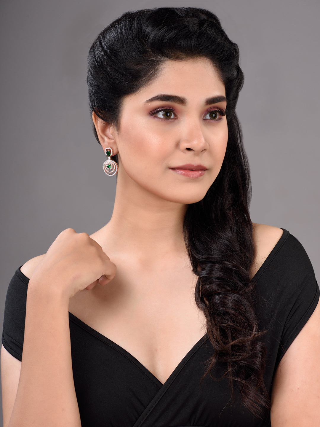 Rose Gold Plated Green & White AD Studded Concentric Dropdown Earrings