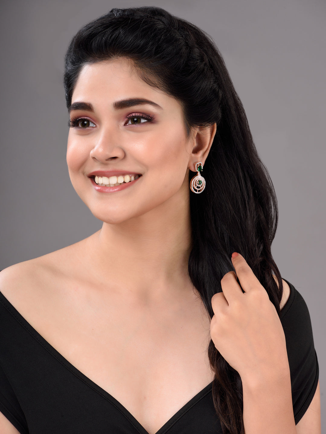 Rose Gold Plated Green & White AD Studded Concentric Dropdown Earrings