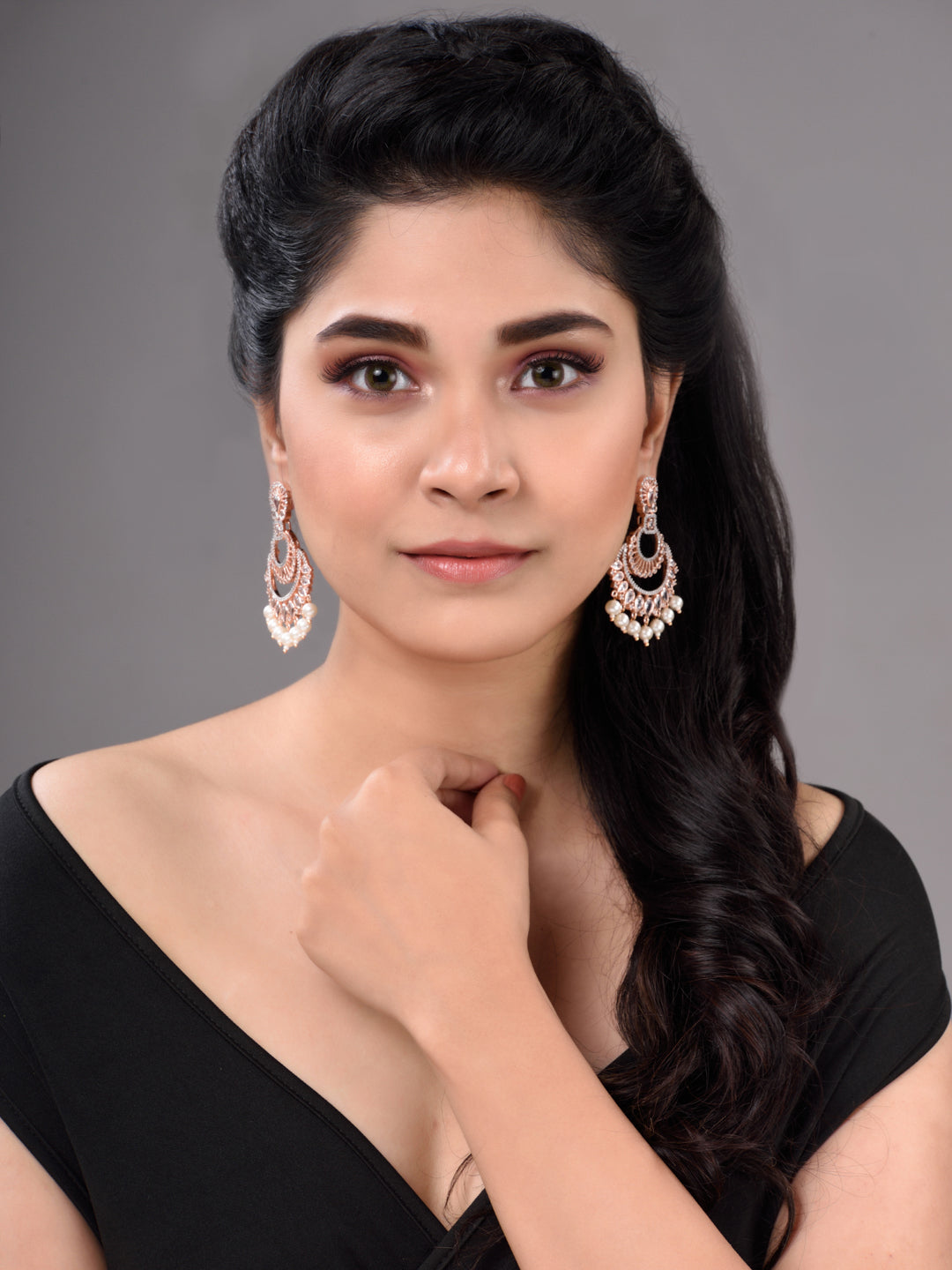 Rose Gold plated Pearl & AD studded Crescent Shaped Chandbali Earrings