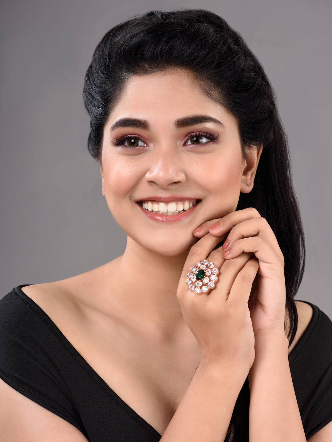 Rose Gold Plated Green AD Studded Floral Adjustable Cocktail Finger Rings