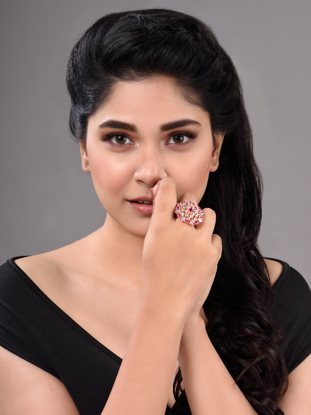 Rose Gold Plated Pink Ruby AD Studded Floral Adjustable Cocktail Finger Rings