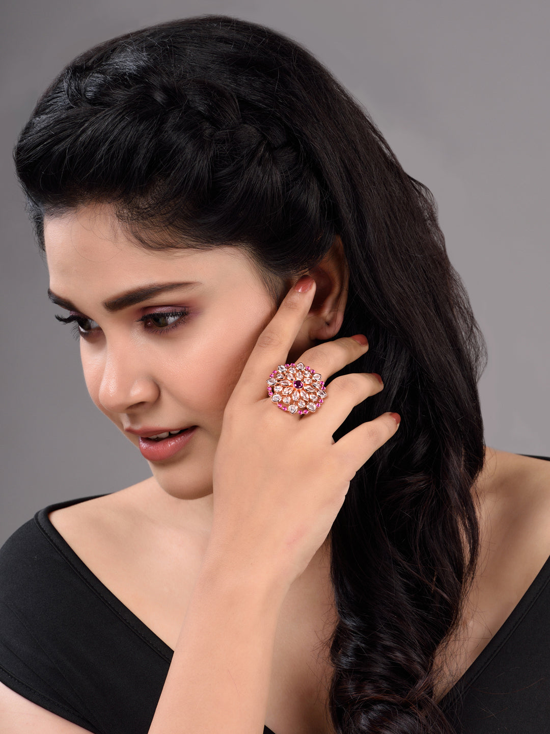 Rose Gold Plated Pink Ruby AD Studded Floral Adjustable Cocktail Finger Rings