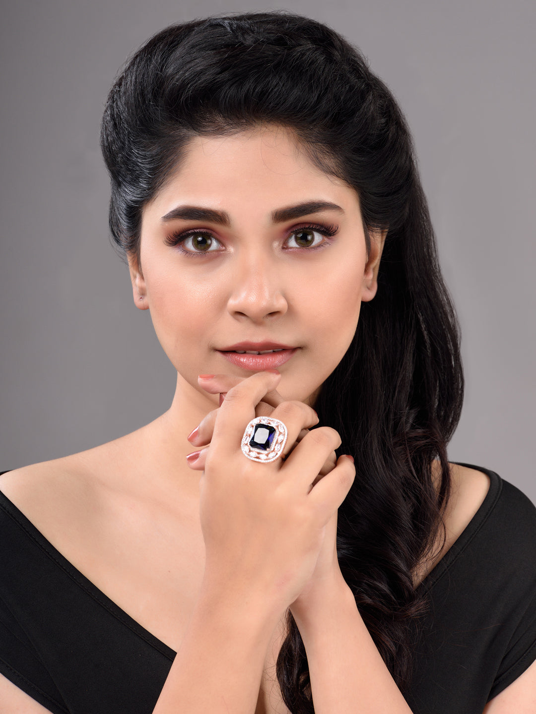 Rose Gold Plated Blue Studded Adjustable Cocktail Finger Ring