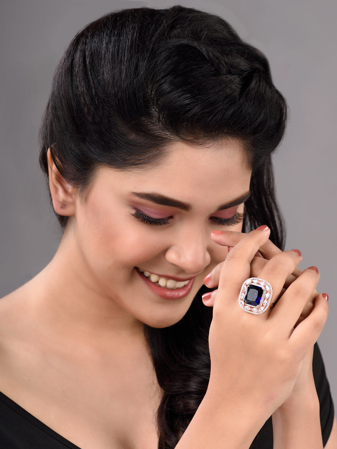 Rose Gold Plated Blue Studded Adjustable Cocktail Finger Ring