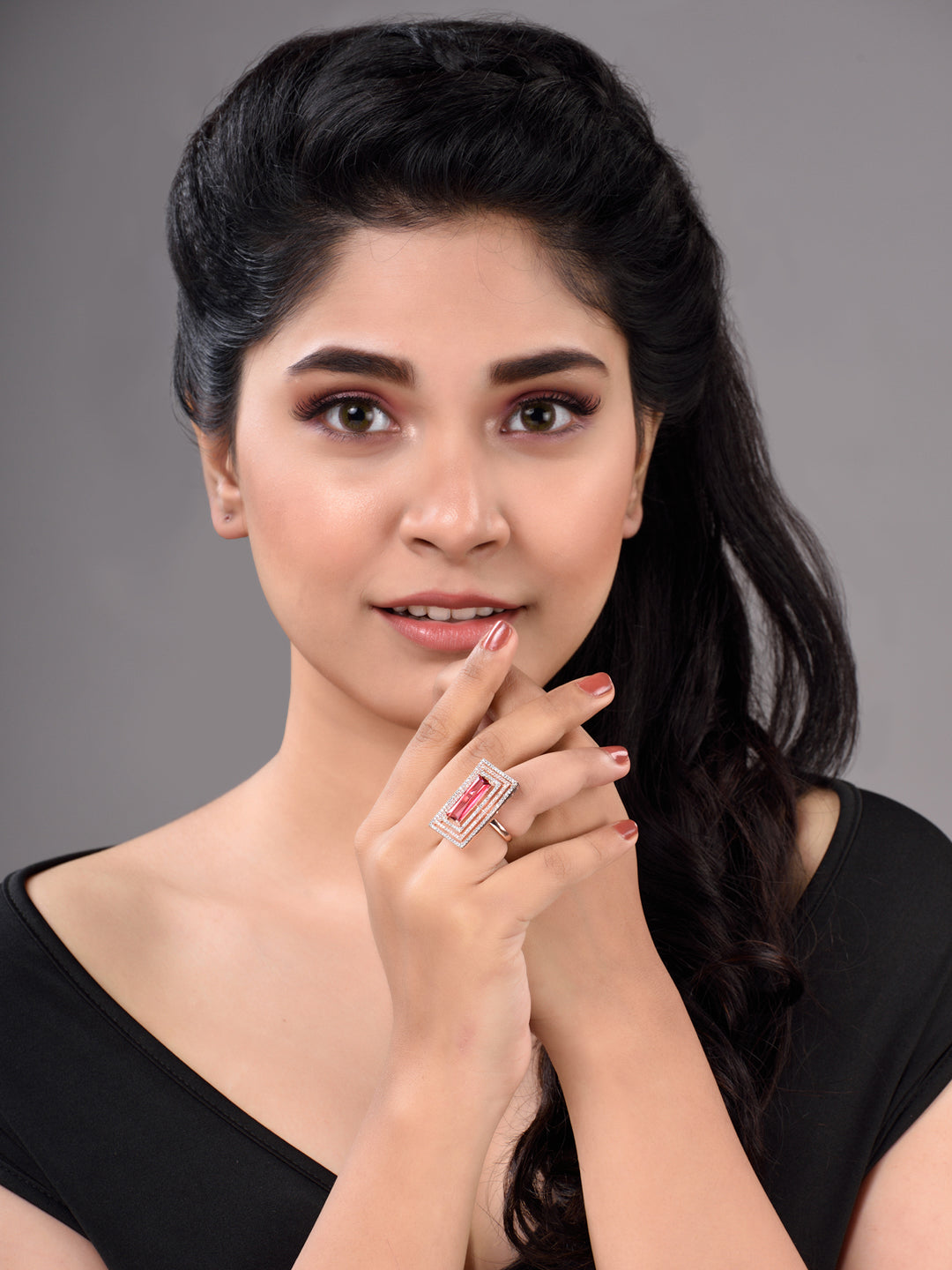 Rose Gold Plated Pink Ruby Studded Solitaire Adjustable Cocktail Finger Ring