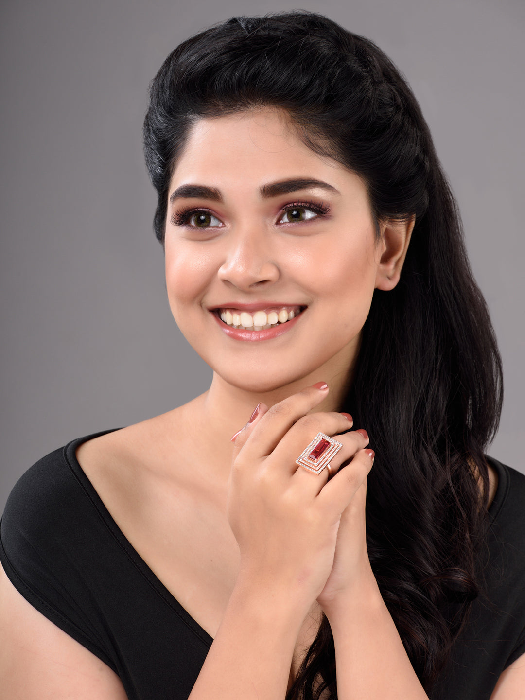 Rose Gold Plated Pink Ruby Studded Solitaire Adjustable Cocktail Finger Ring