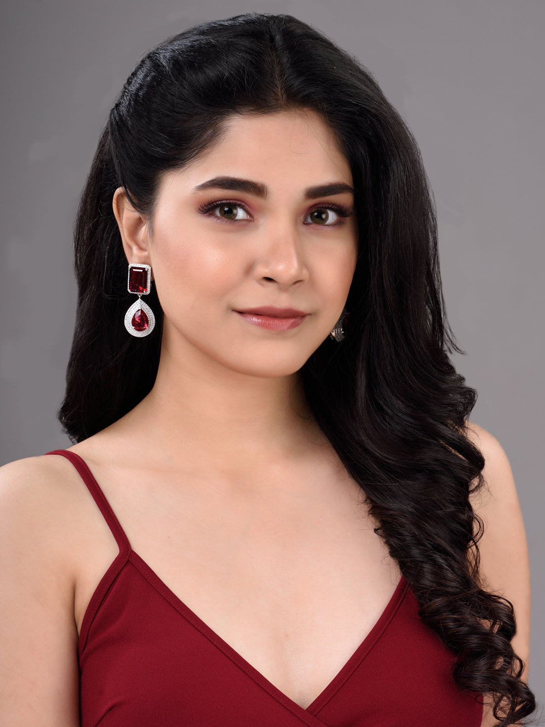 Rose Gold Plated Pink Ruby Studded Teardrop Chandelier Earring