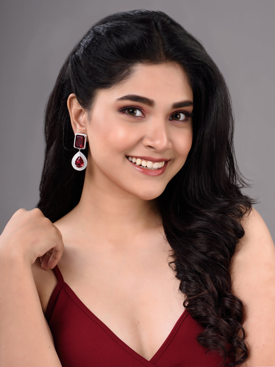 Rose Gold Plated Pink Ruby Studded Teardrop Chandelier Earring