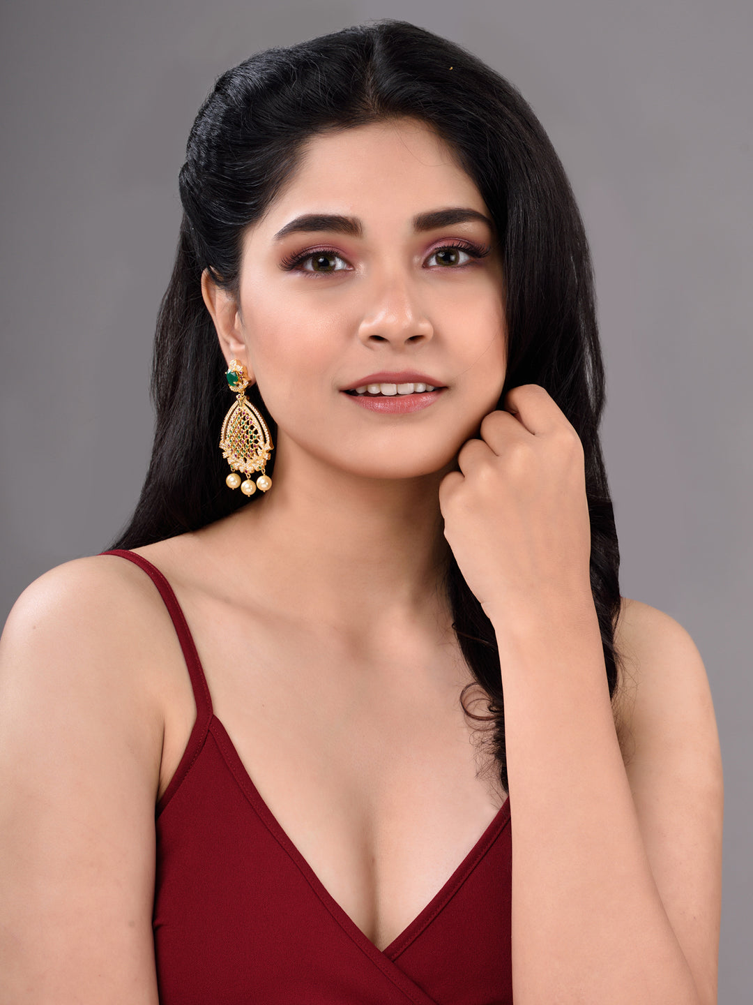 Gold Plated Multi AD Studded Chandelier Dropdown Earrings