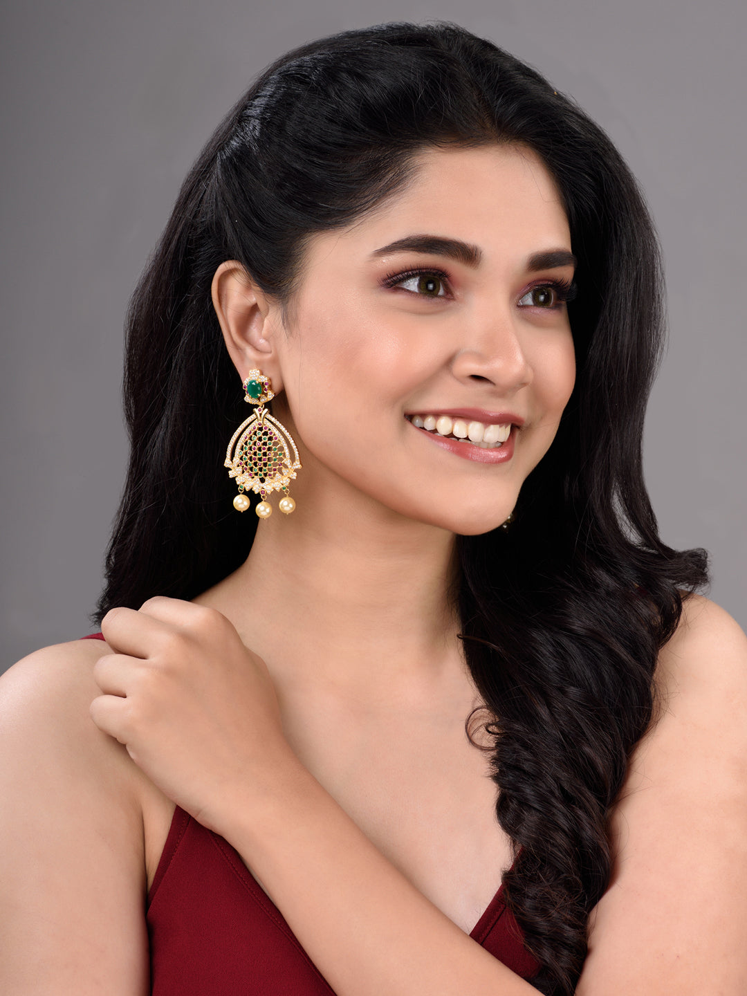 Gold Plated Multi AD Studded Chandelier Dropdown Earrings