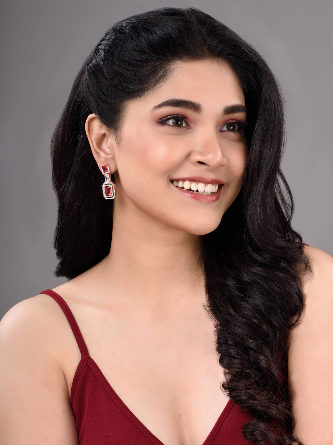 Rose Gold Plated Pink Ruby & White AD Studded Dropdown Statement Earrings