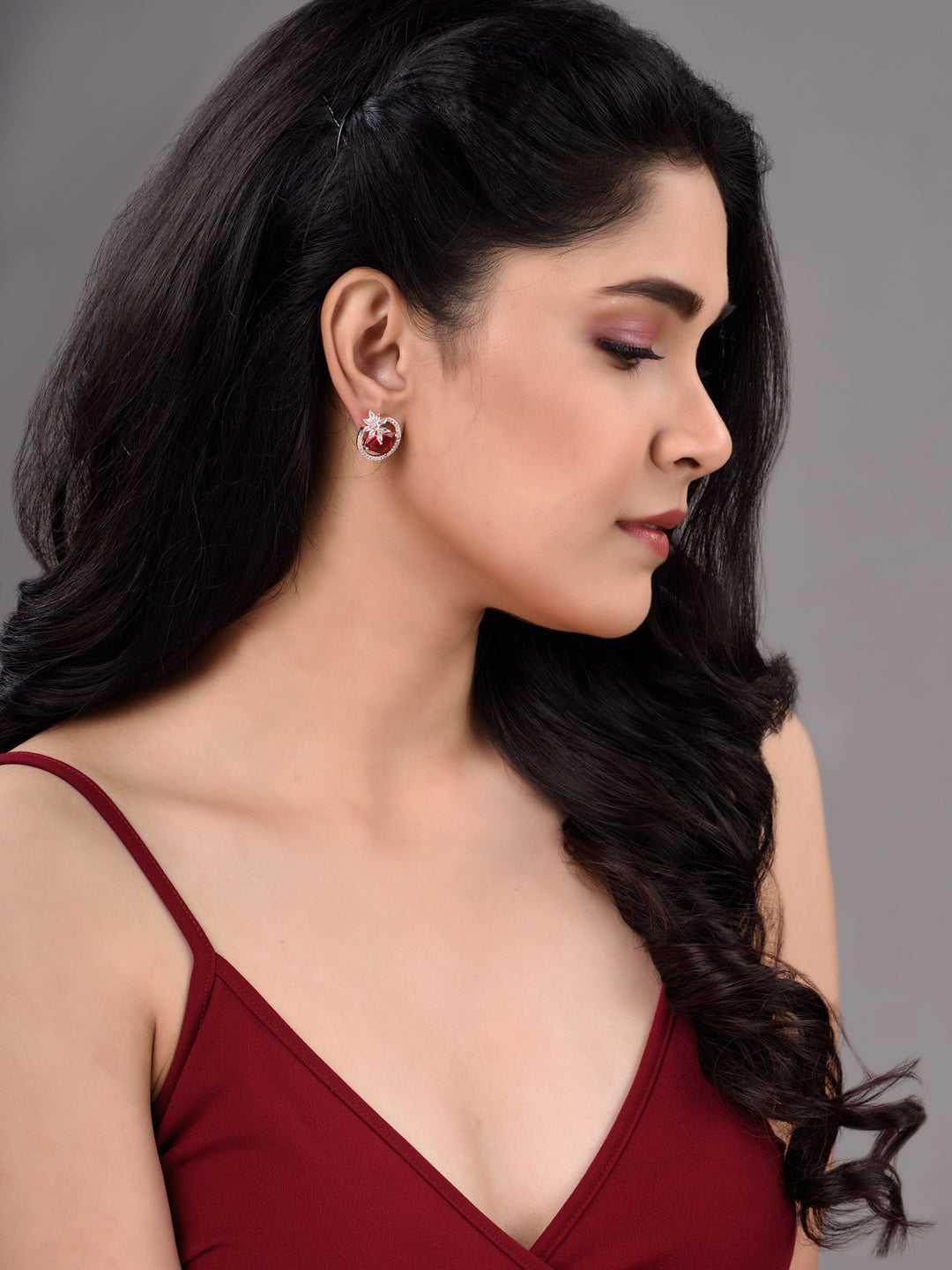 Rose Gold Plated Pink Ruby AD Floral Contemporary Studs Earrings