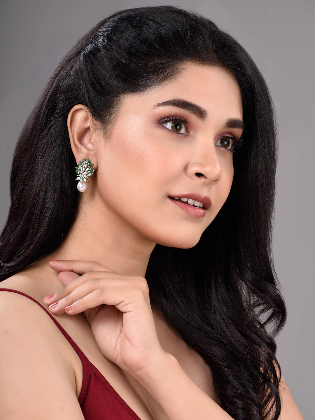 Rose Gold Plated Green AD Studded Luxourios Pearl Drop Earrings