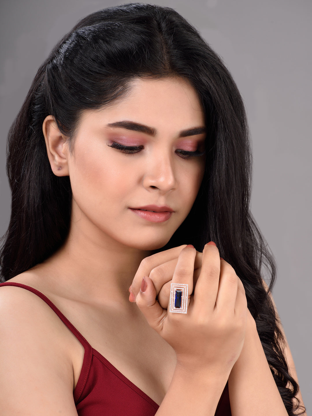 Rose Gold Plated Blue Studded Solitaire Adjustable Cocktail Finger Ring