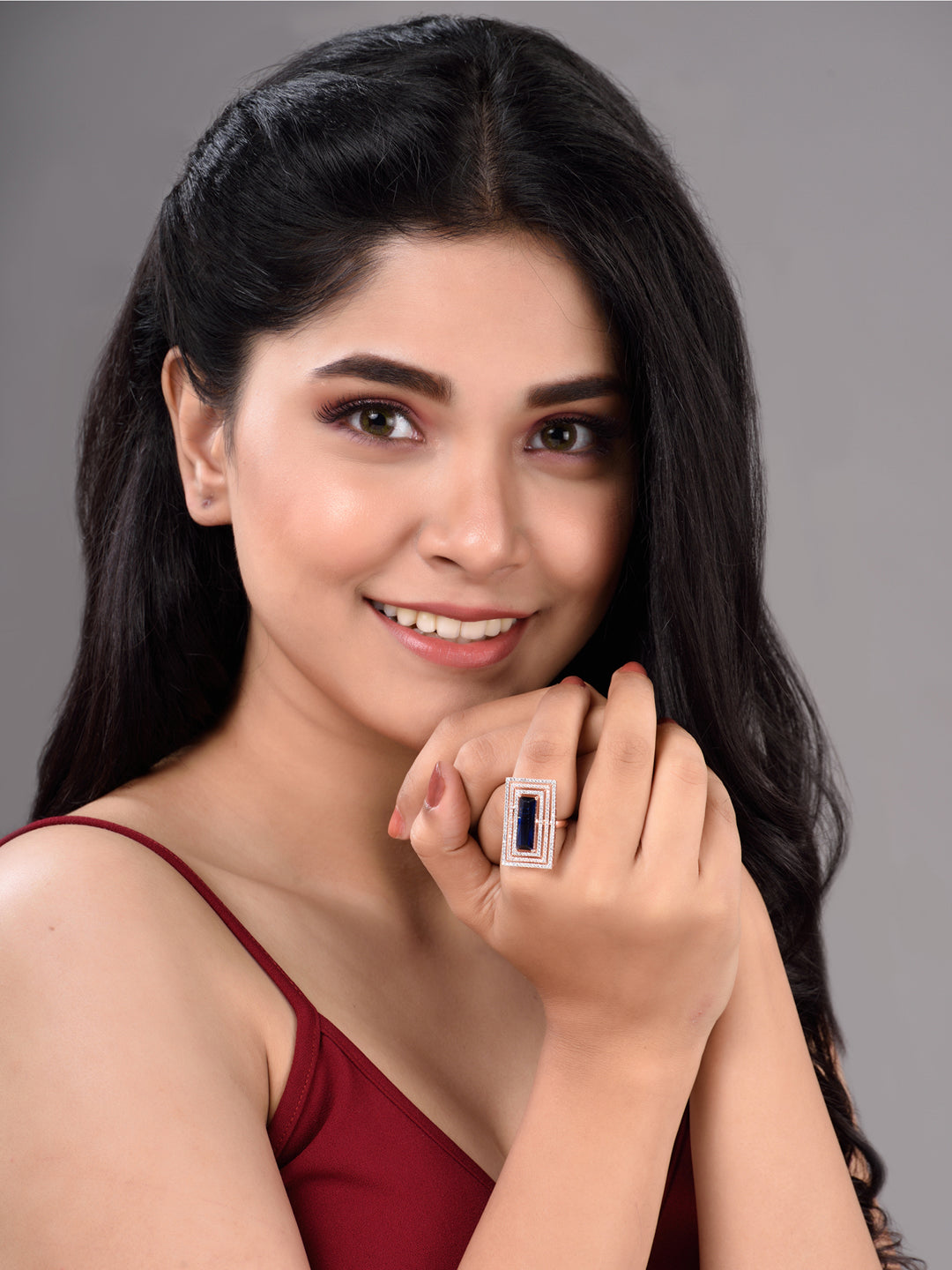 Rose Gold Plated Blue Studded Solitaire Adjustable Cocktail Finger Ring