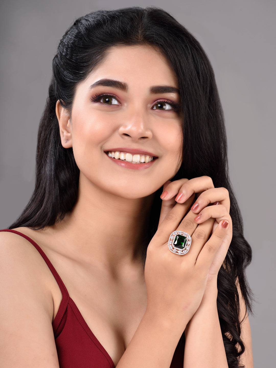 Rose Gold Plated Emerald Green Studded Adjustable Statement Cocktail Finger Ring