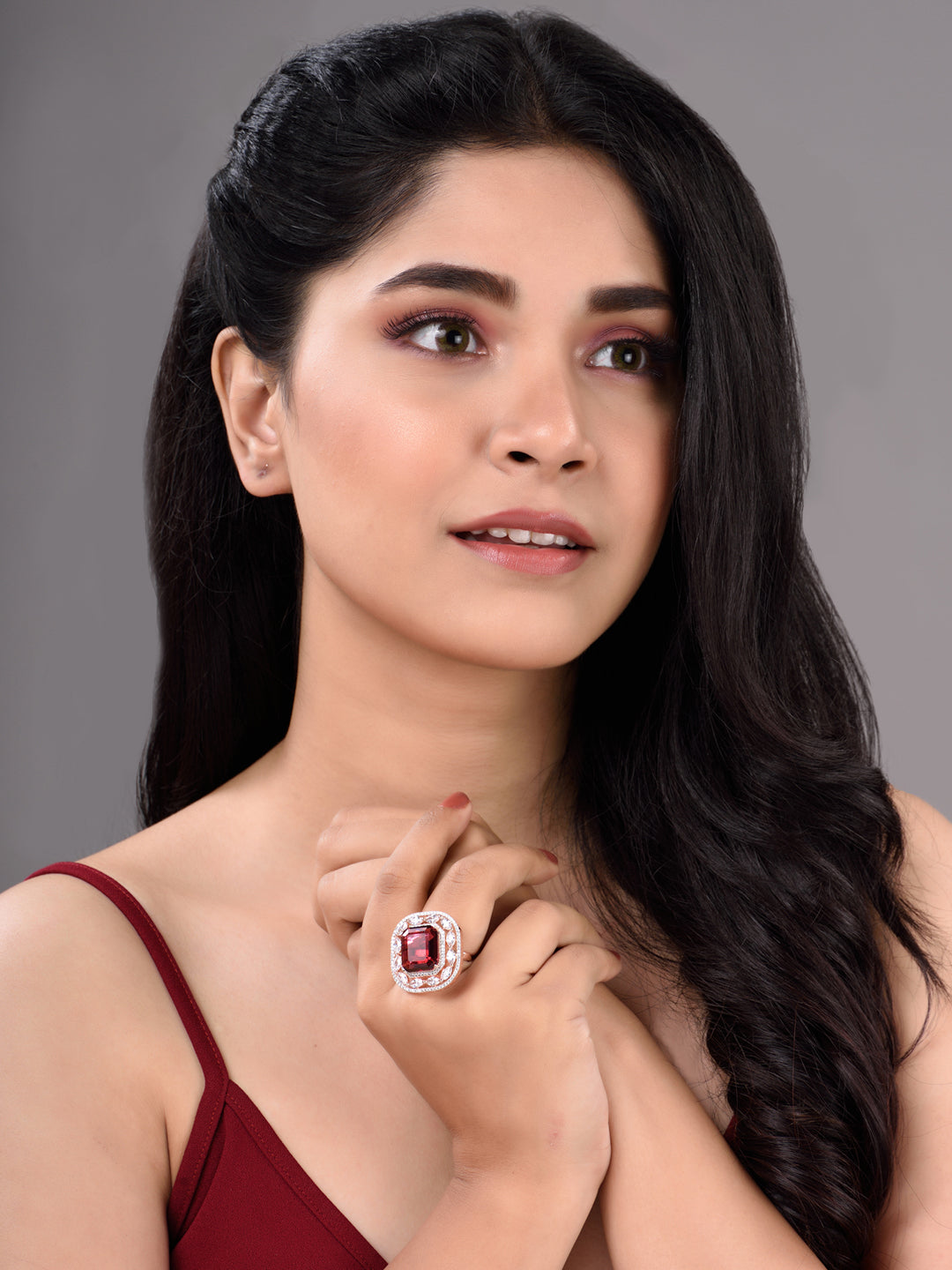 Rose Gold Plated Pink Ruby Studded Adjustable Cocktail Finger Ring