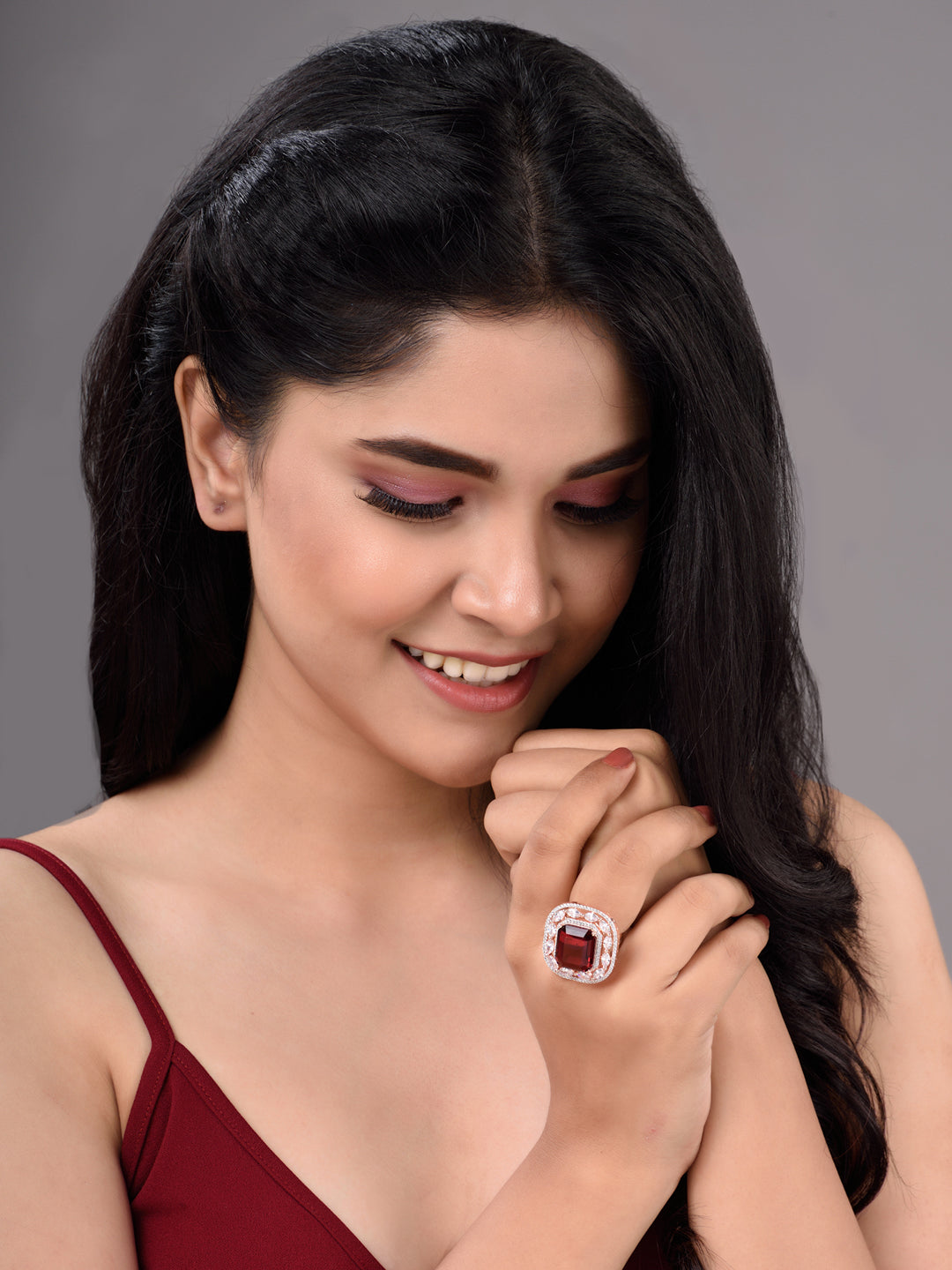 Rose Gold Plated Pink Ruby Studded Adjustable Cocktail Finger Ring