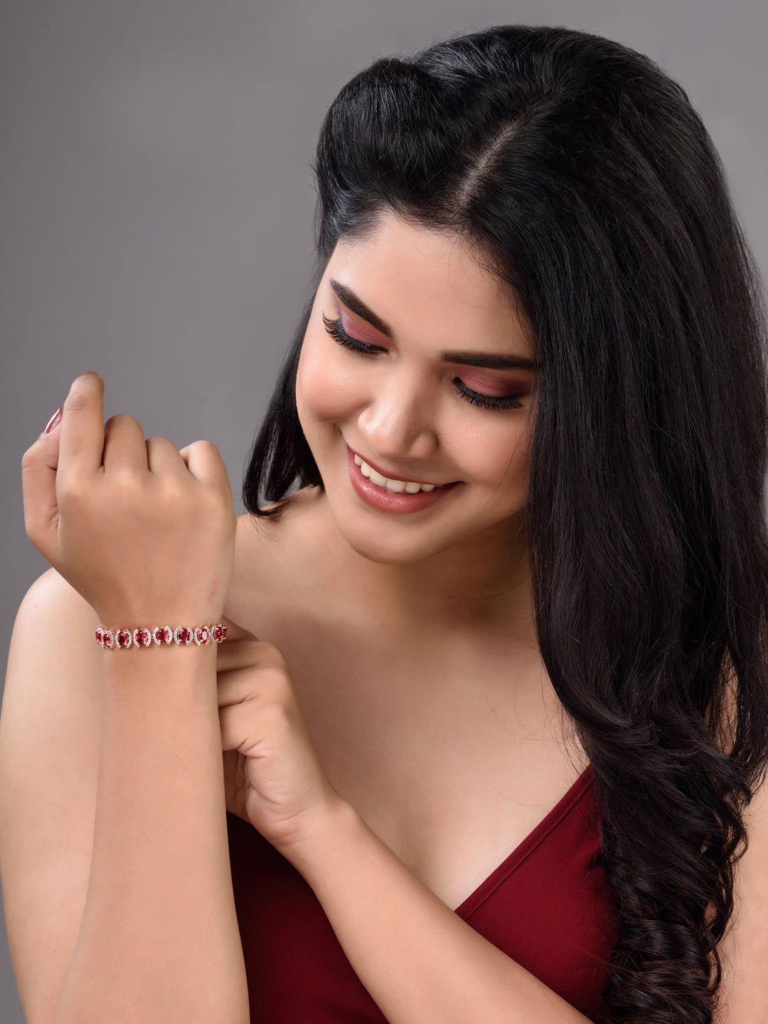 Rose Gold Plated Oval Pink Ruby Ad Studded Handcrafted Tennis Bracelet For Her