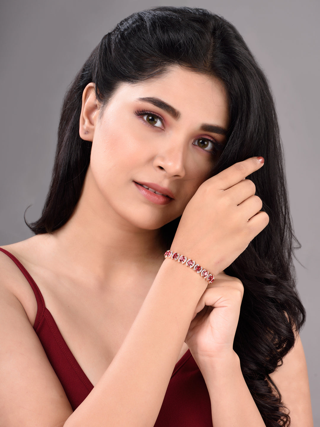 Rose Gold Plated Oval Pink Ruby Ad Studded Handcrafted Tennis Bracelet For Her