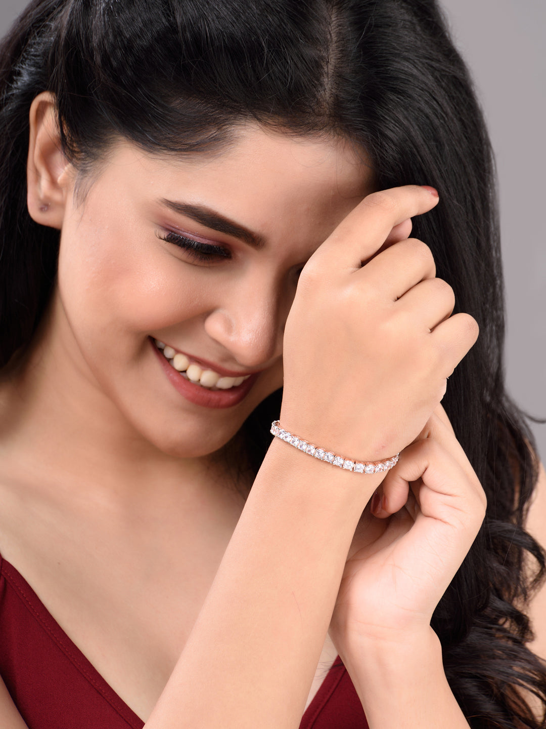 Rose Gold Plated White AD Solitaire Studded Tennis Dainty Bracelet