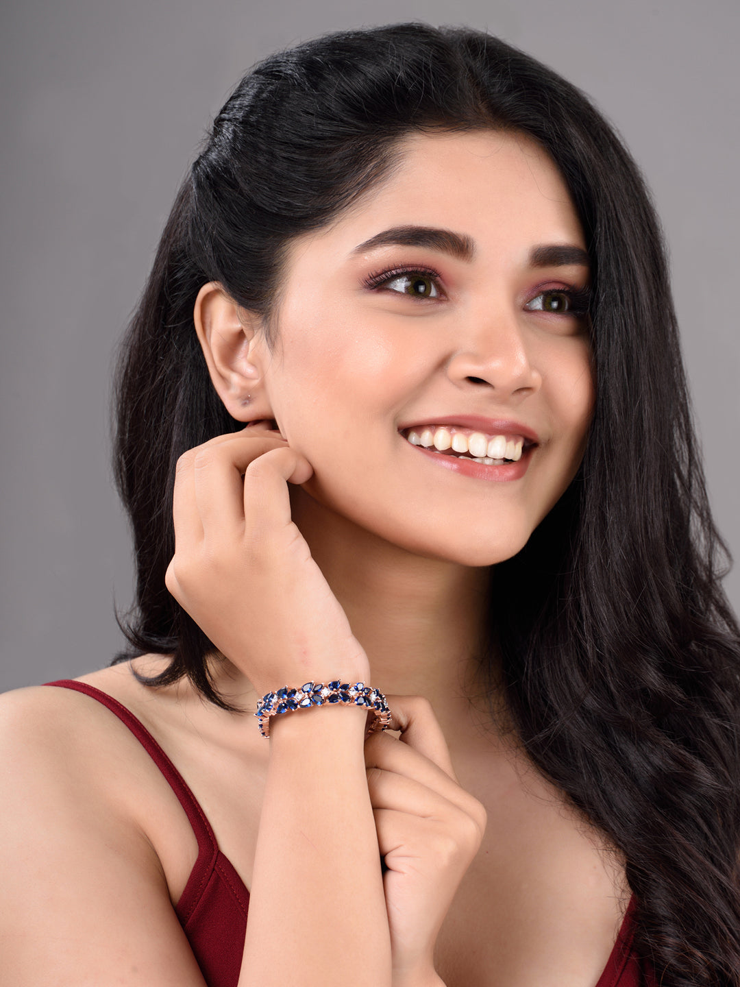 Rose Gold Plated Leaf Design Blue AD studded Designer Tennis Bracelet