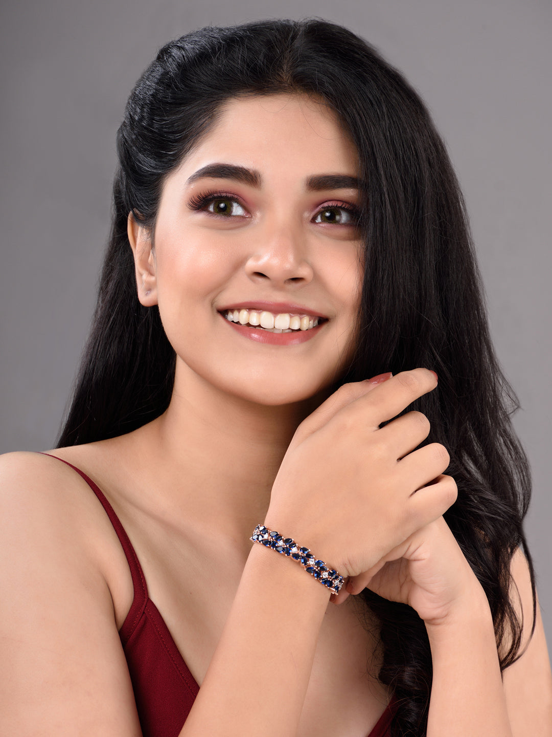 Rose Gold Plated Leaf Design Blue AD studded Designer Tennis Bracelet