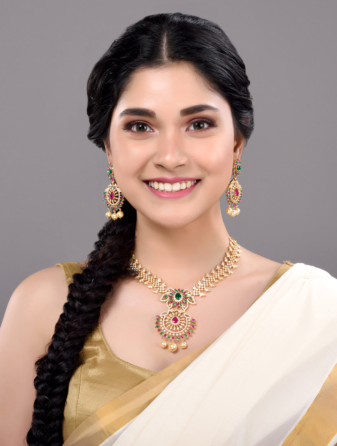 Gold Plated Multi AD & Pearl Studded Chandbali Pendant Neclace Earrings Set
