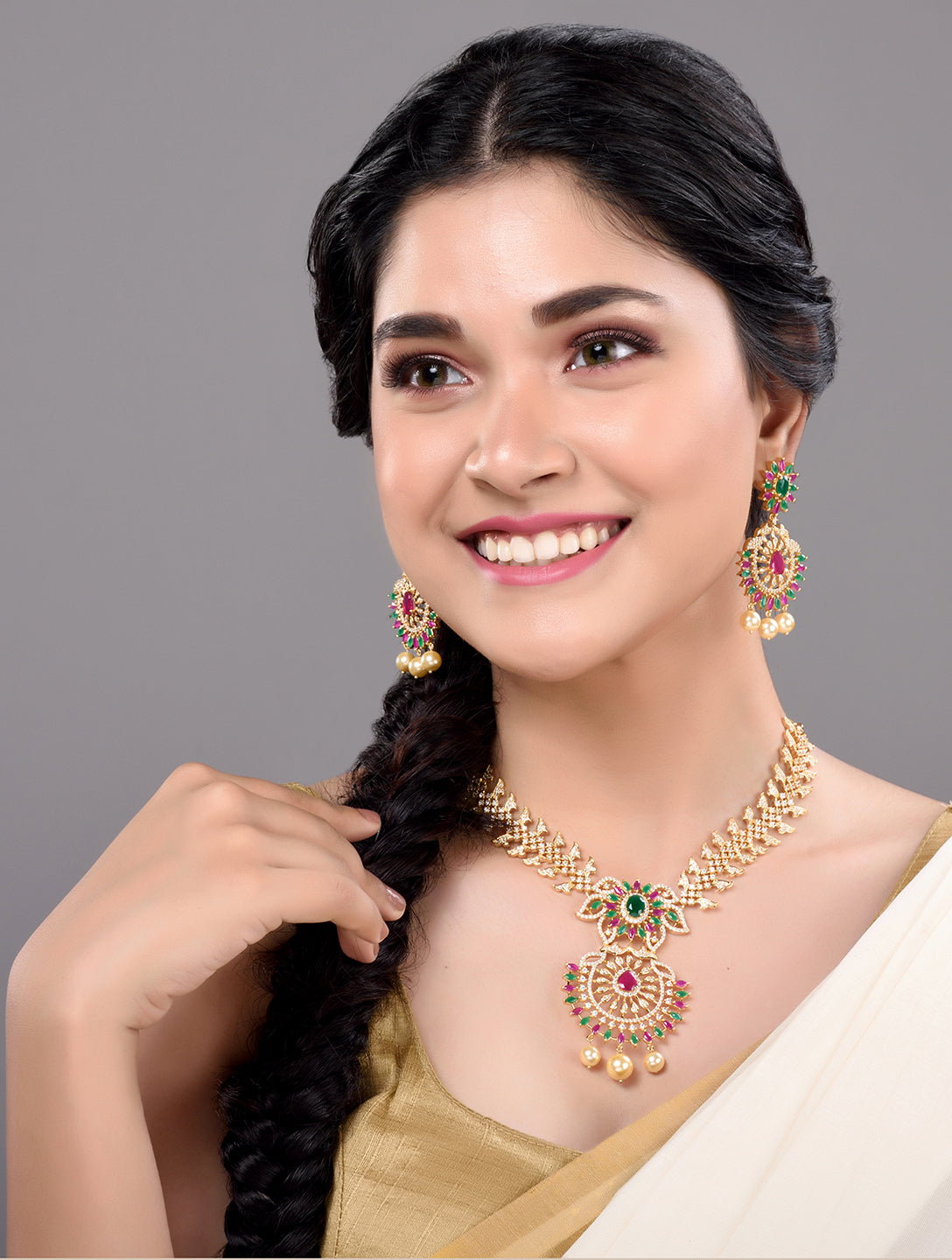 Gold Plated Multi AD & Pearl Studded Chandbali Pendant Neclace Earrings Set