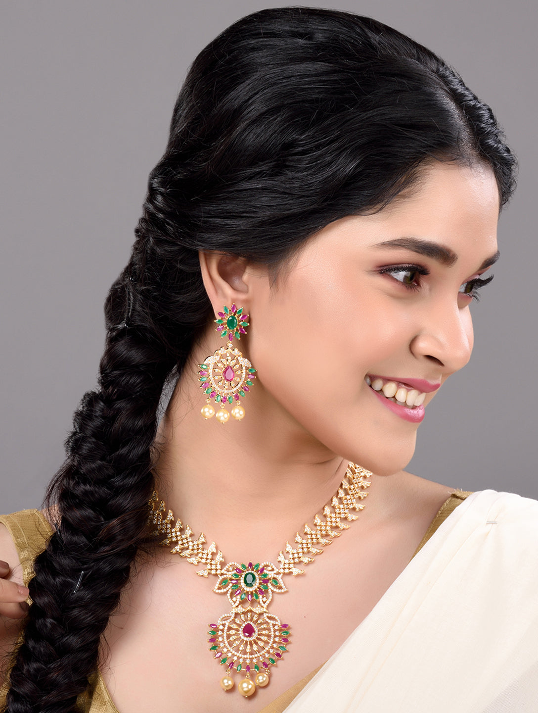 Gold Plated Multi AD & Pearl Studded Chandbali Pendant Neclace Earrings Set
