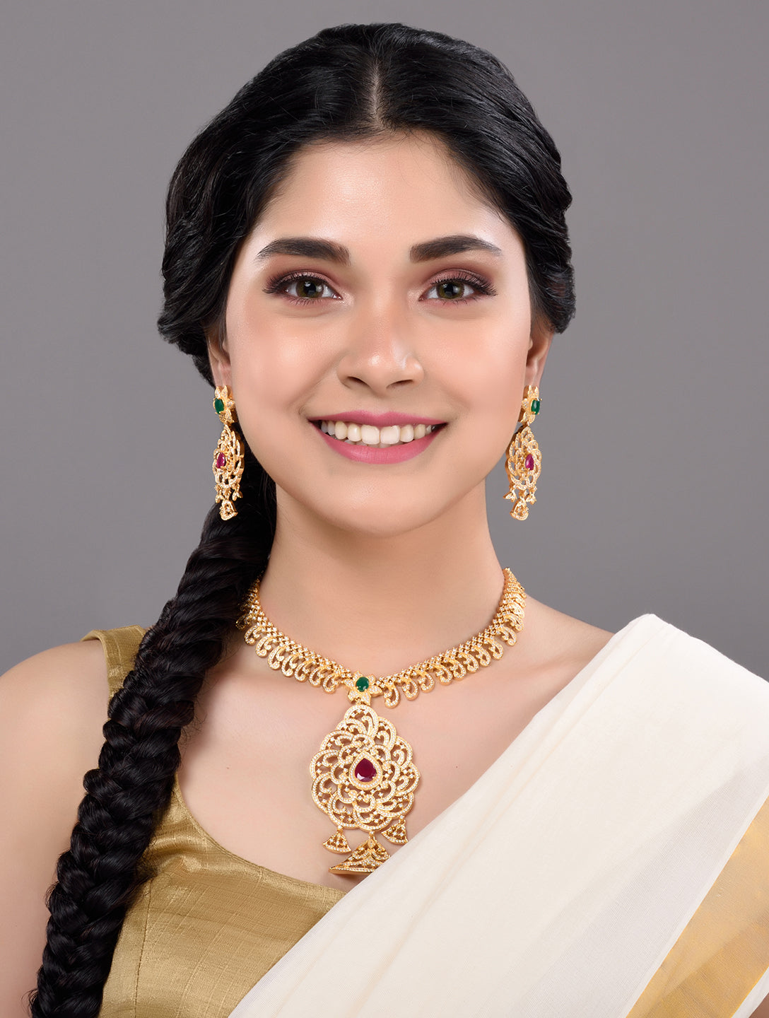 Gold Plated Multi Stone Studded Pendant Style Neclace and Earring Set