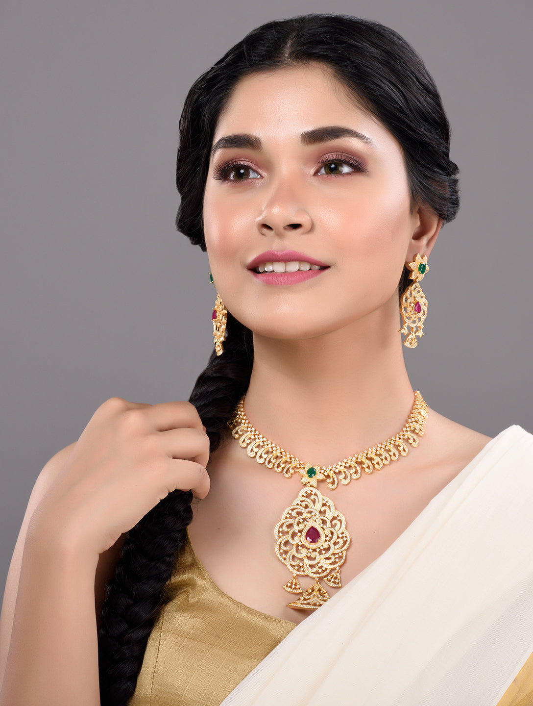 Gold Plated Multi Stone Studded Pendant Style Neclace and Earring Set